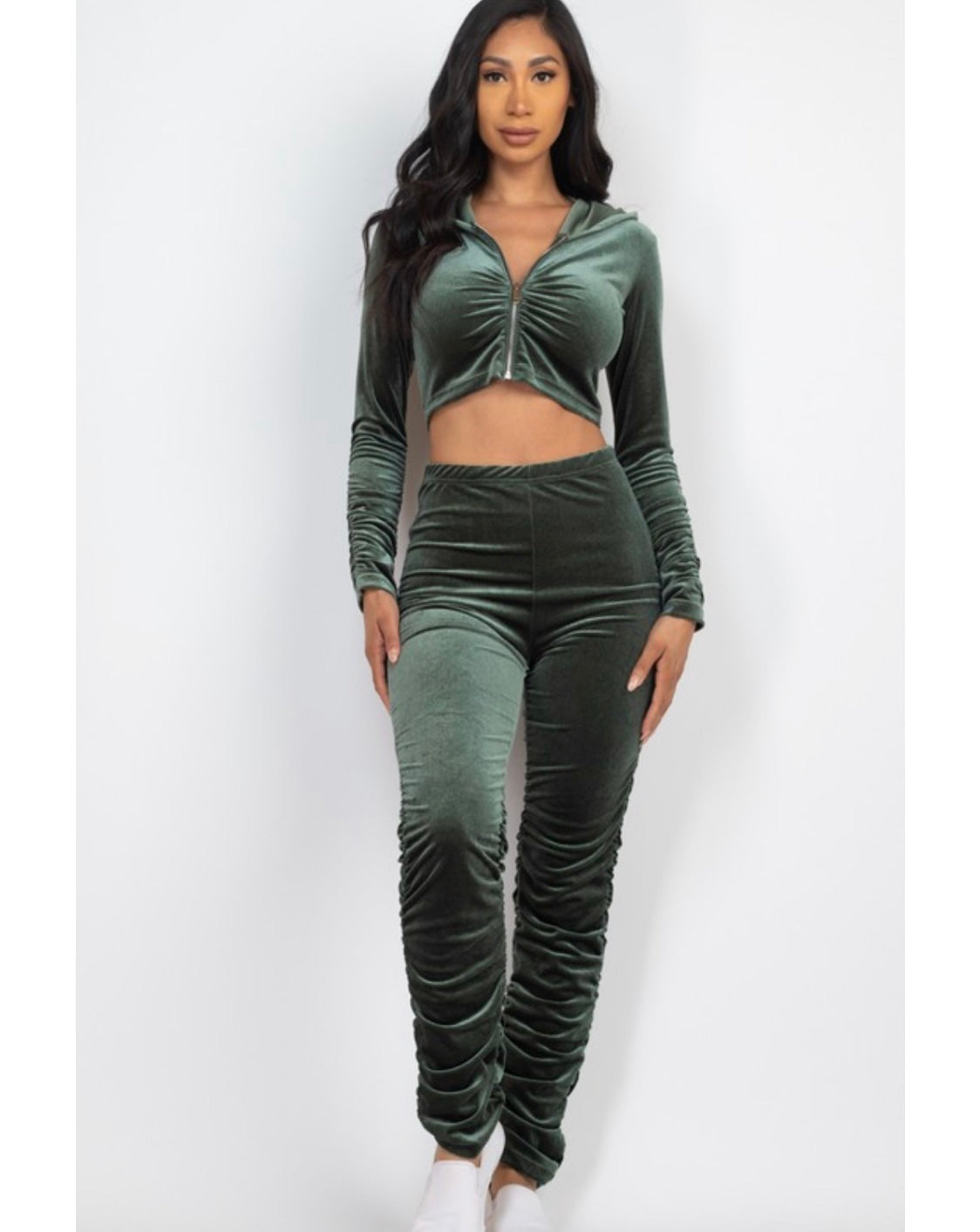 Forest Green Velour Stacked Pants Set Front 2