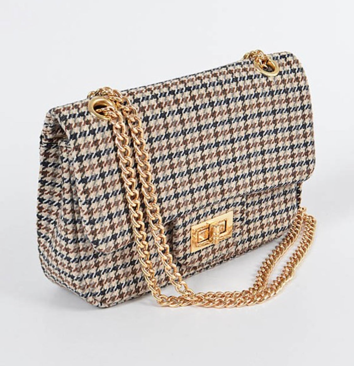 Beige-Brown-Navy-White Plaid Messenger Purse + Gold Details Side