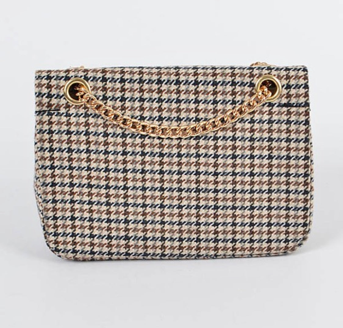 Beige-Brown-Navy-White Plaid Messenger Purse + Gold Details Back