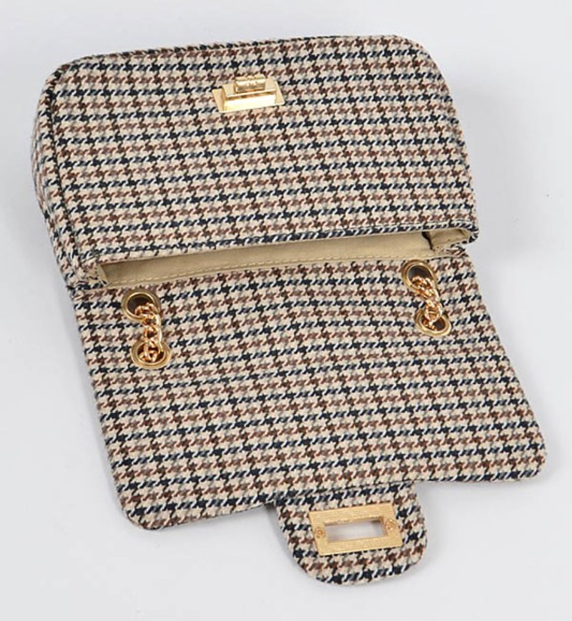 Beige-Brown-Navy-White Plaid Messenger Purse + Gold Details Open