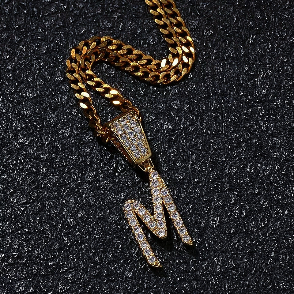 Small-Medium Gold Plated Initial Pendant + Diamond Design & Gold Cuban Link Chain  