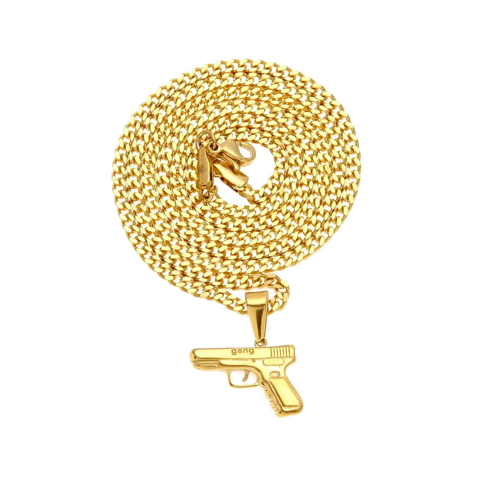 Small Gold Plated Gang Gun Pendant + Cuban Link Chain