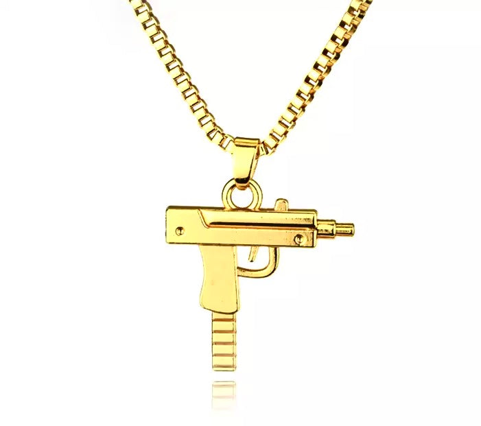 Small Gold Plated Mac Machine Gun Pendant + Box Chain