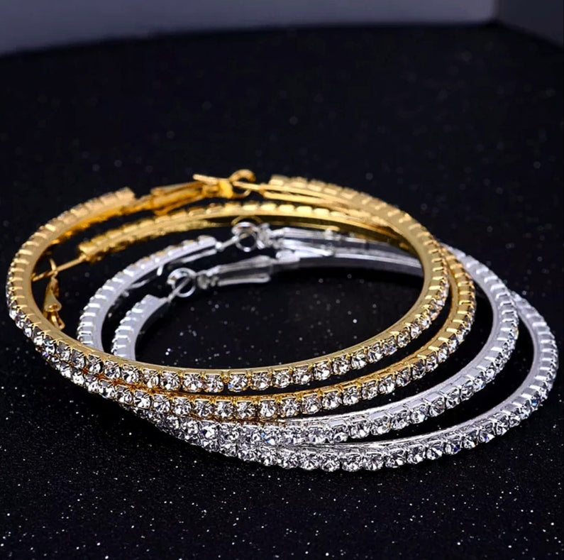 Gold & Silver Medium-Large Diamond Design Rhinestone Hoop Earrings 