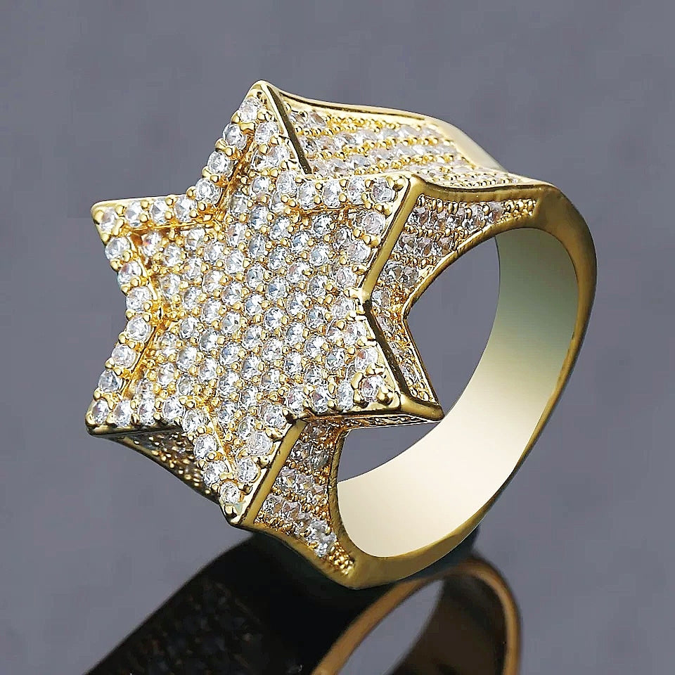 Gold Plated 6 Point Star CZ Stone Diamond Design Ring 