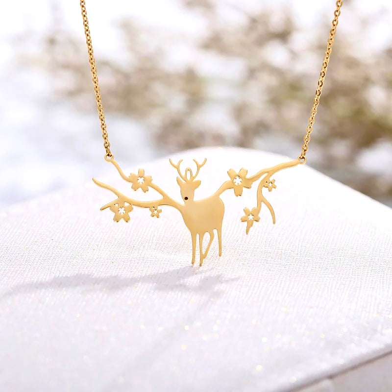 Gold Plated Reindeer Animal Flower Necklace 