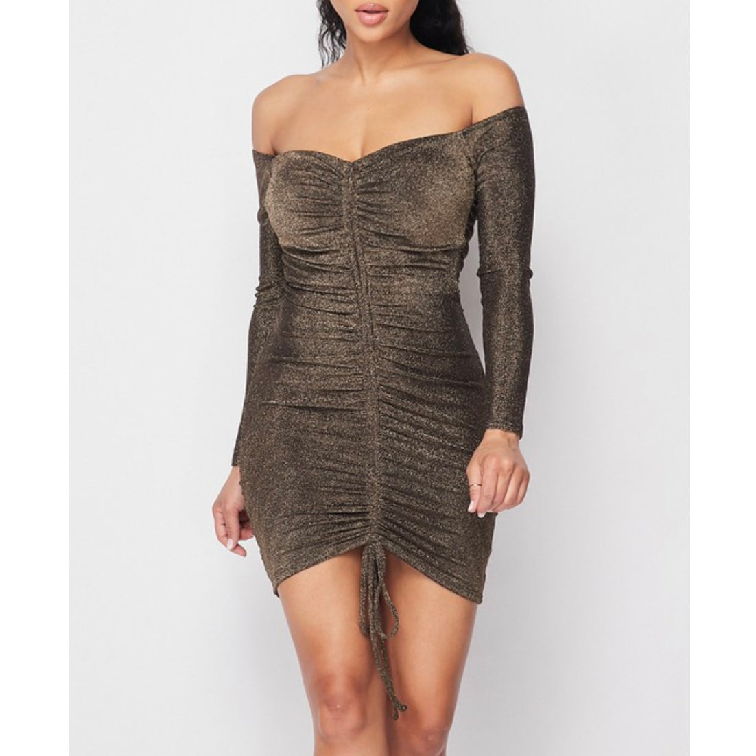 Gold Sparkle Off Shoulder Long Sleeve Ruched Mini Dress + Drawstring Front