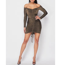 Gold Sparkle Off Shoulder Long Sleeve Ruched Mini Dress + Drawstring Front Tall