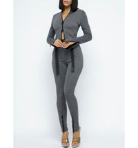 2 Pc Grey Cotton Sporty Pants Set + Black Waist Buckle + Large Black Zippers on Top + Wrist Zippers & Ankle Zippers Front Side