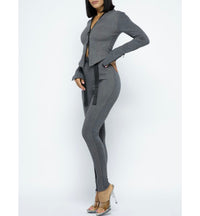 2 Pc Grey Cotton Sporty Pants Set + Black Waist Buckle + Large Black Zippers on Top + Wrist Zippers & Ankle Zippers Front Side 2