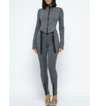 2 Pc Grey Cotton Sporty Pants Set + Black Waist Buckle + Large Black Zippers on Top + Wrist Zippers & Ankle Zippers Front