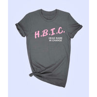 Charcoal Grey Unisex Graphic Tee + Pink & White Text ' H.B.I.C - Head Babe In Charge '