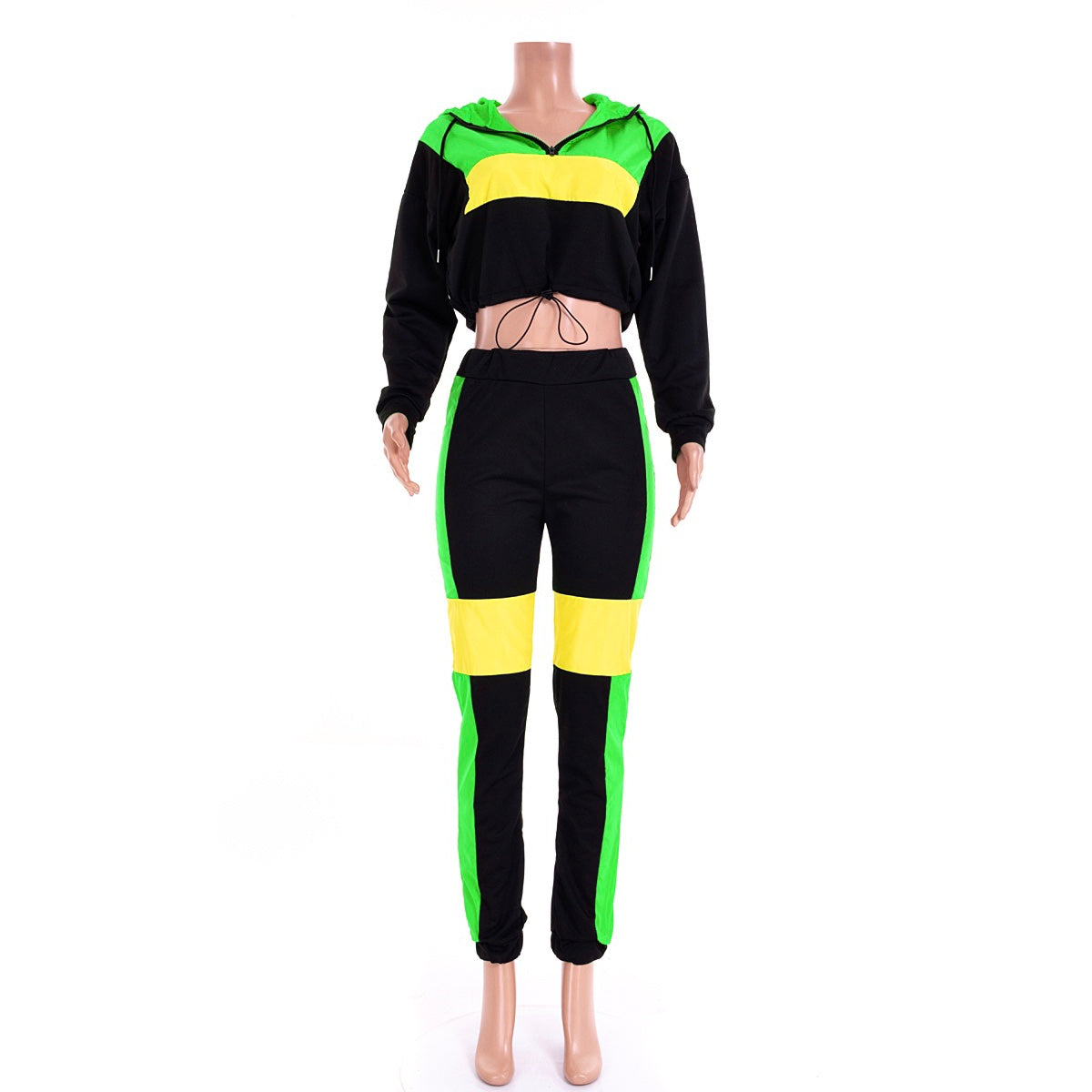 Jamaican Color Block Track Pants Set + Hoodie (Black + Yellow & Green) Front 