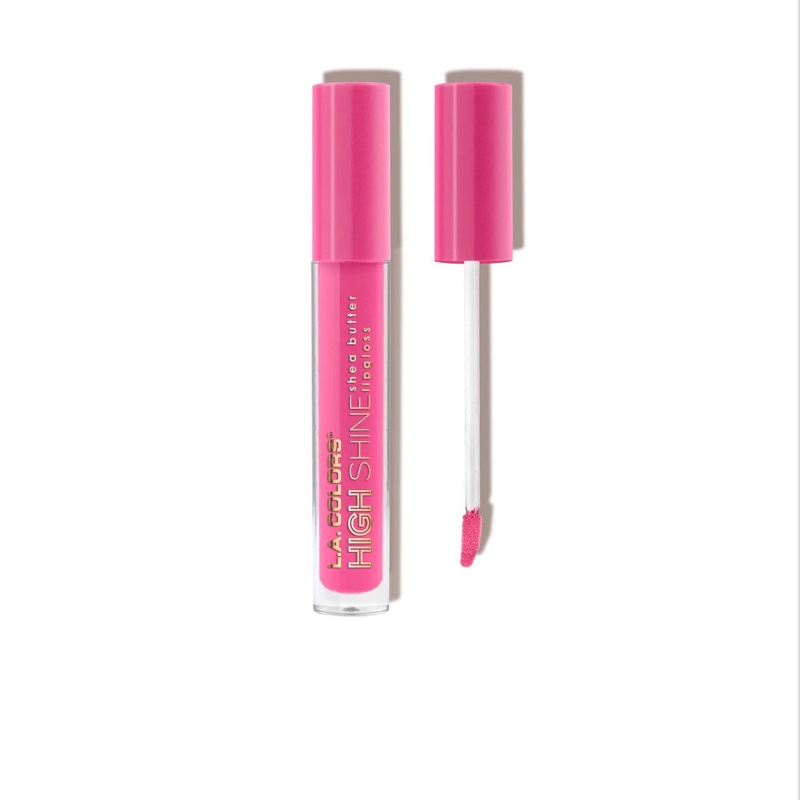 L.A Colors High Shine Shea Butter Lipgloss in the shade, Hyper.  Light-medium pink shade. 