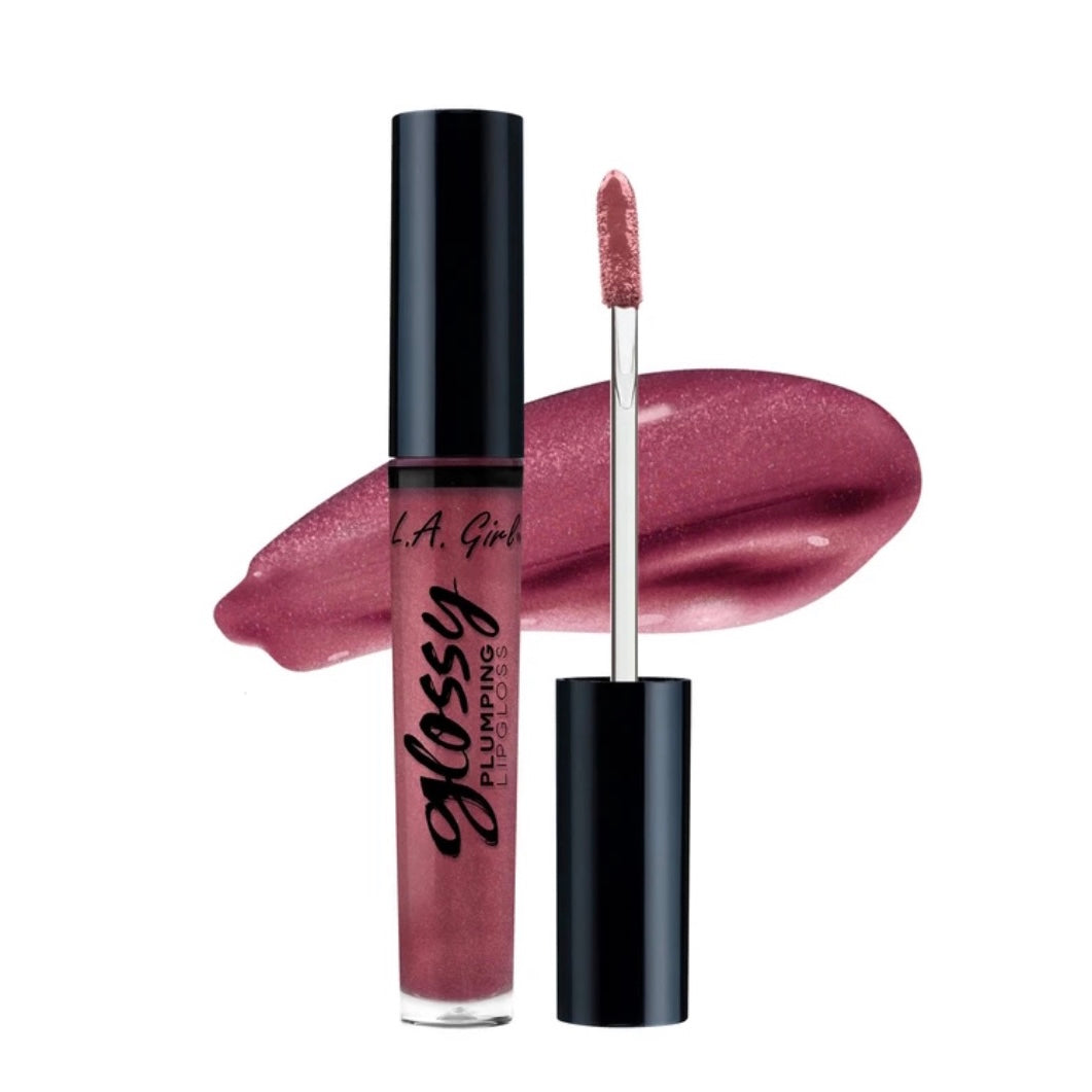 L.A Girl Glossy Plumping Lipgloss in the shade, Lavish. Brown, nude, purple, pink shimmer tone.