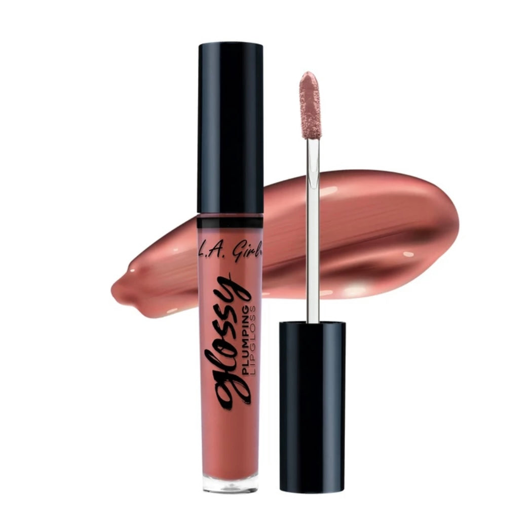 L.A Girl Glossy Plumping Lipgloss in the shade, Plush. Light brown, nude, peach pink tone.