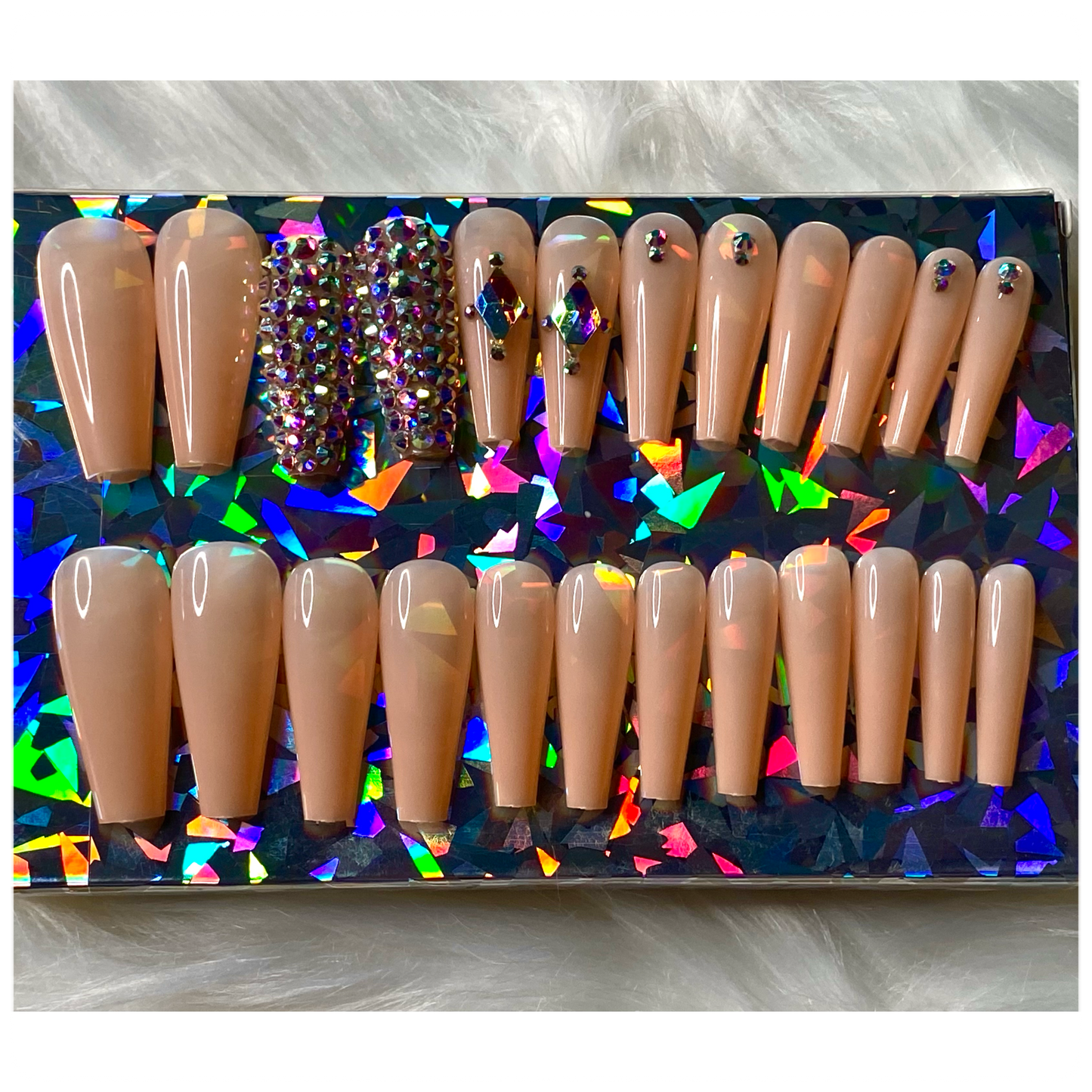 24 piece press on nail set - Long nude coffin shape press on nails with rhinestone design