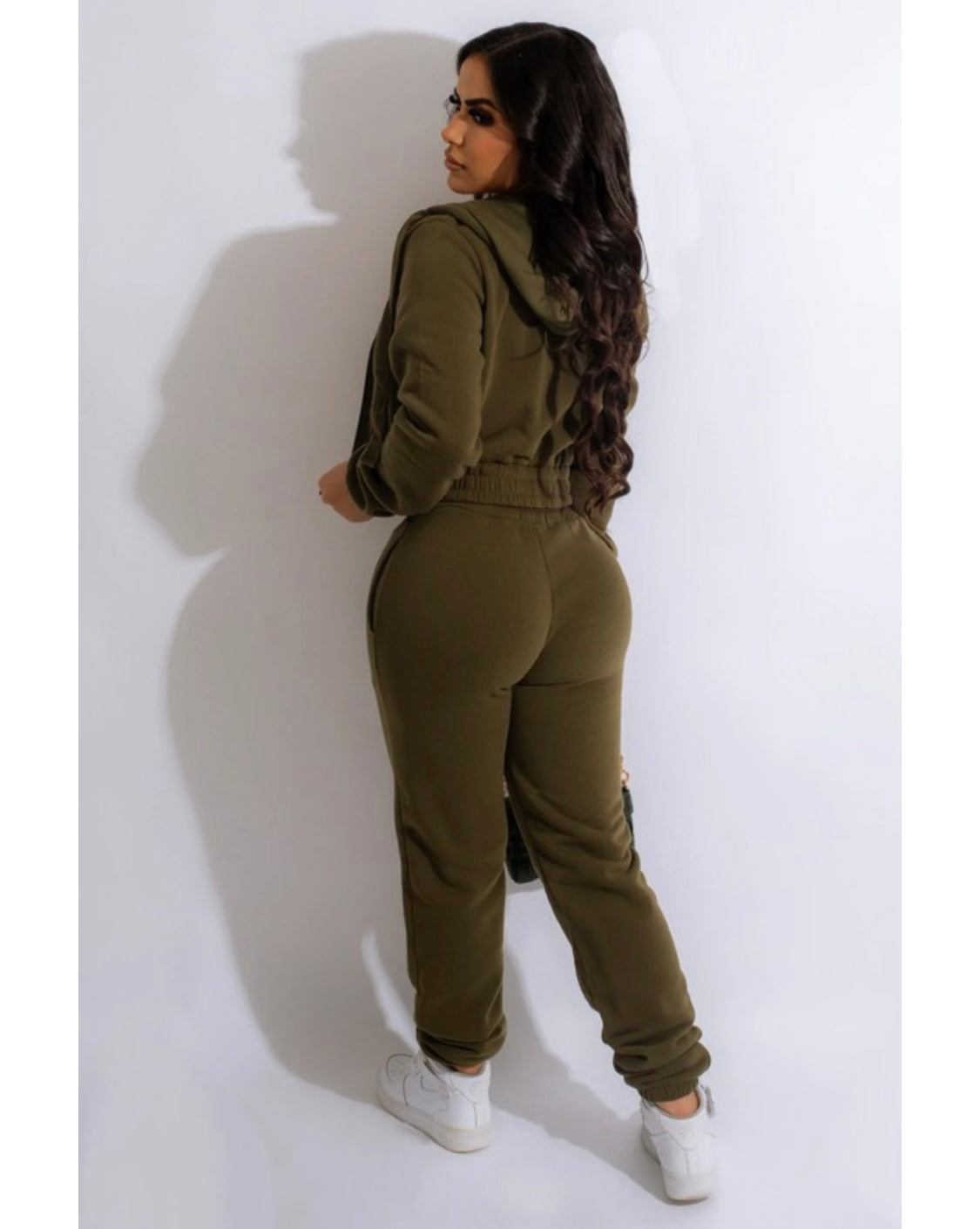 3 Pc Olive Green Cotton Bralette Jogger Set Back