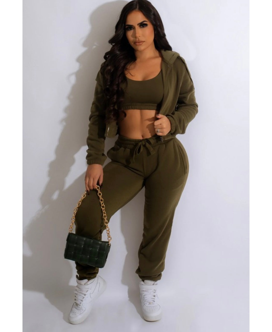 3 Pc Olive Green Cotton Bralette Jogger Set Front