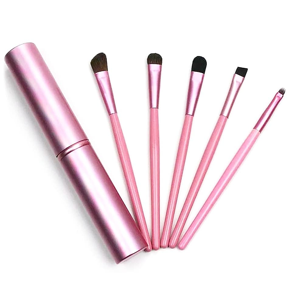 Pink 5 piece eye makeup brush set with pink metallic tube case. Travel makeup brushes.