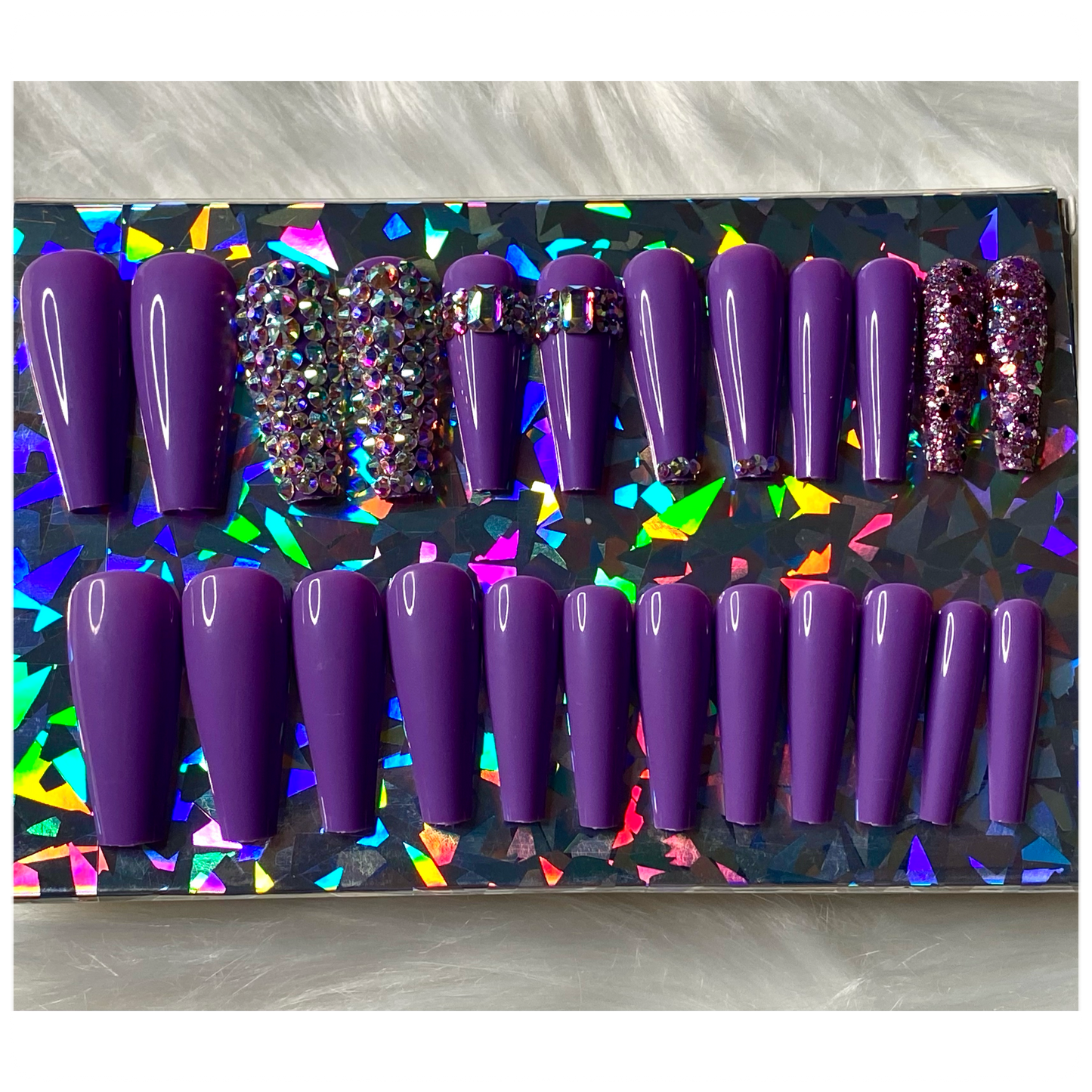 24 piece press on nail set - Long purple coffin shape press on nails with rhinestone design 2