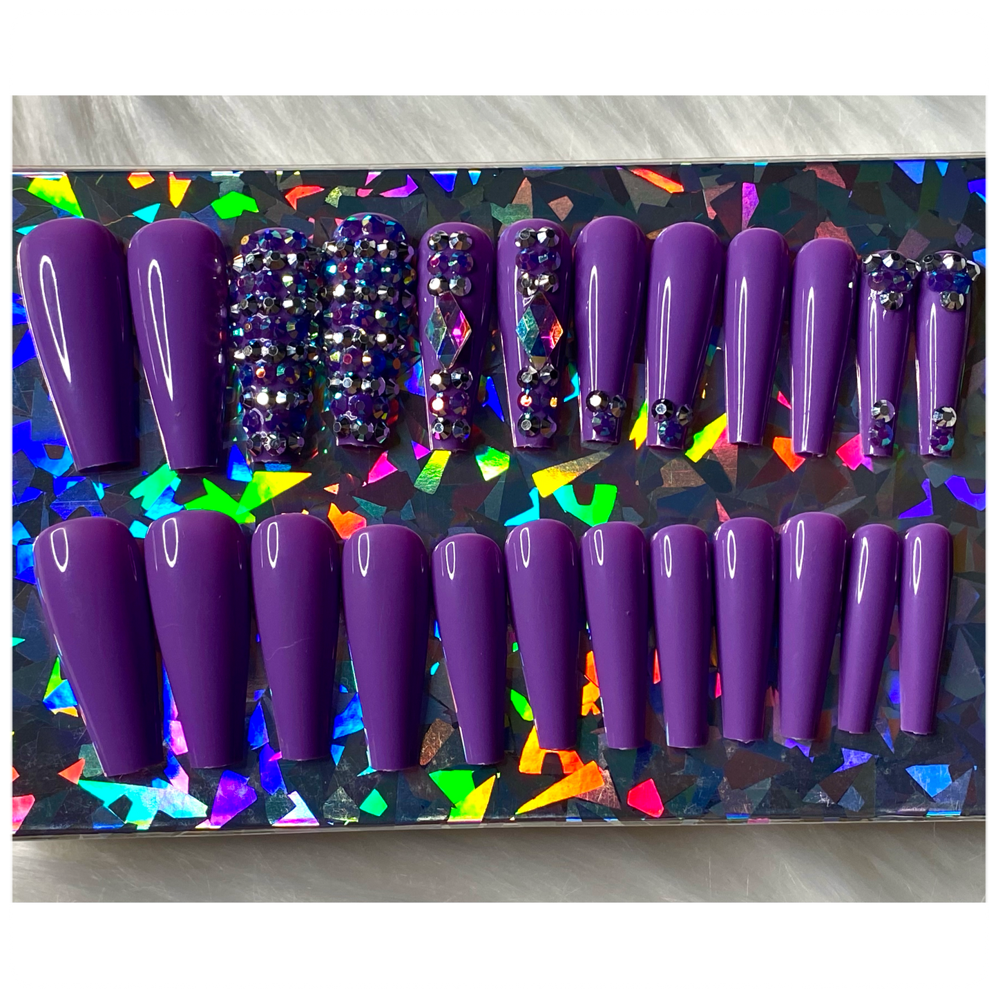 24 piece press on nail set - Long purple coffin shape press on nails with rhinestone design