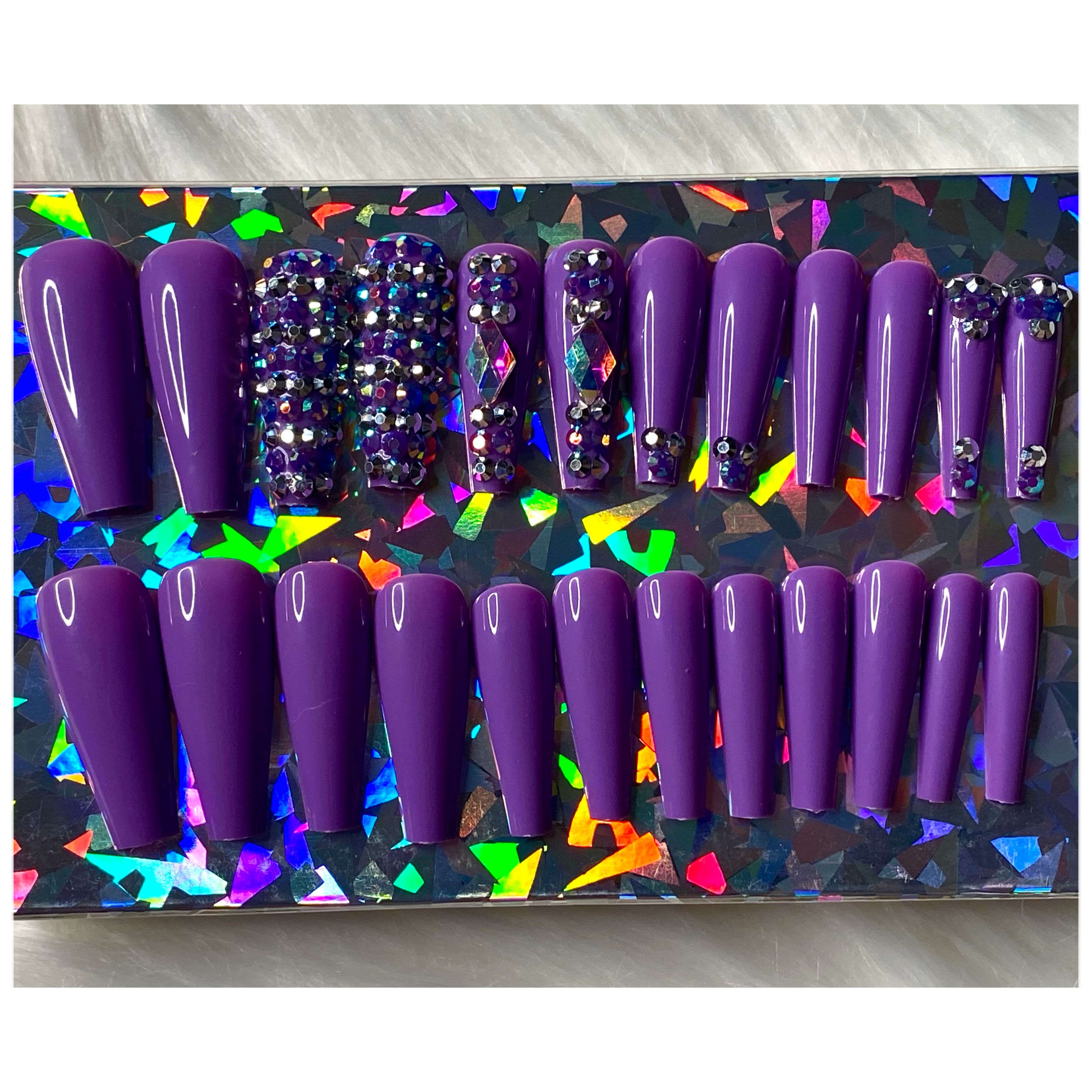 24 piece press on nail set - Long purple coffin shape press on nails with rhinestone design