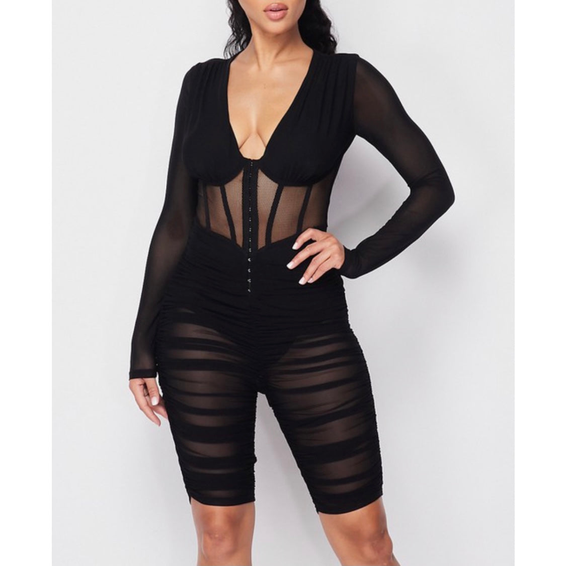 Sexy Black Ruched Sheer Mesh Long-sleeved Shorts Jumpsuit Front 2