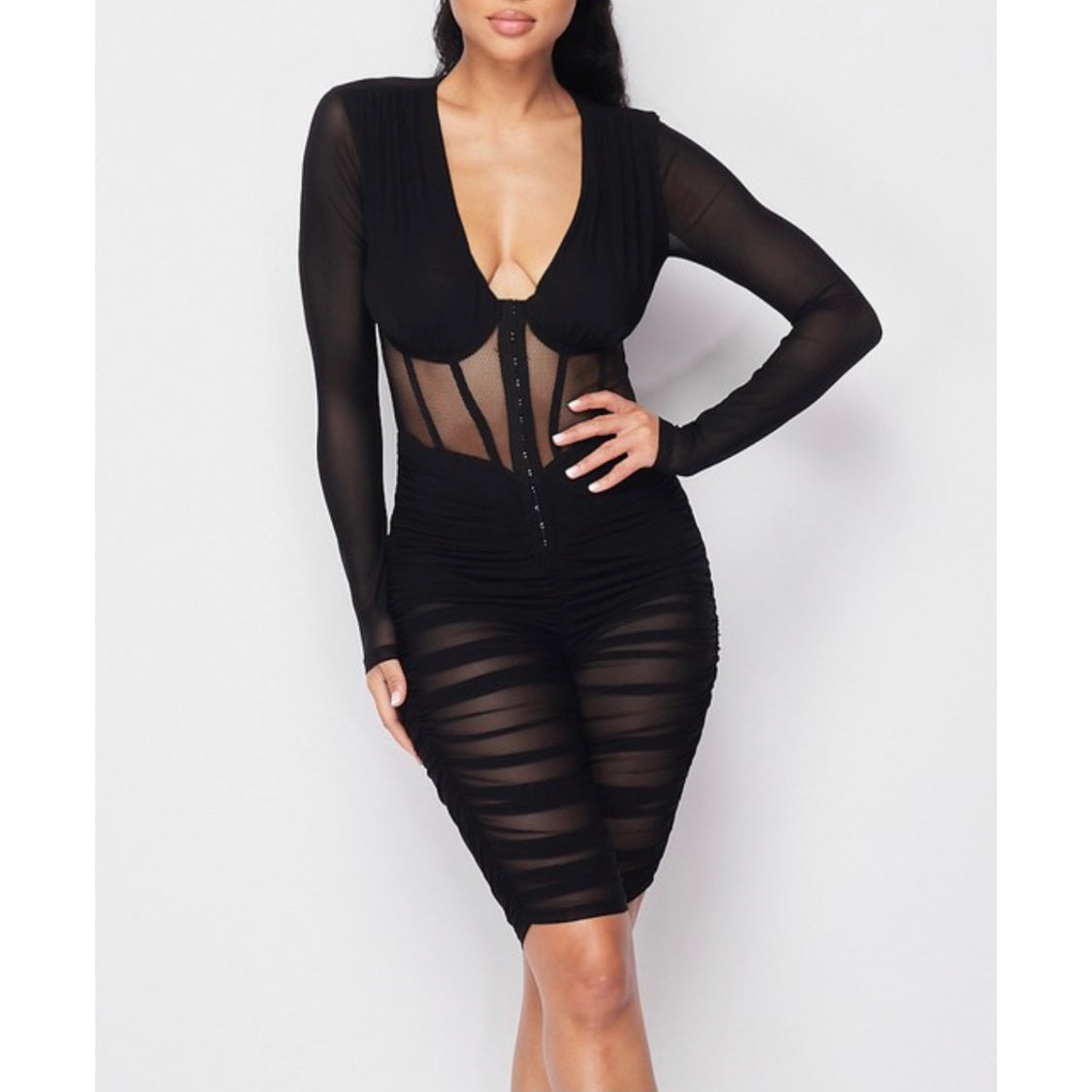 Sexy Black Ruched Sheer Mesh Long-sleeved Shorts Jumpsuit Front 