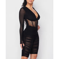 Sexy Black Ruched Sheer Mesh Long-sleeved Shorts Jumpsuit Front Side 