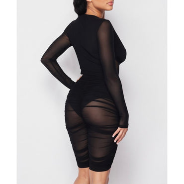 Sexy Black Ruched Sheer Mesh Long-sleeved Shorts Jumpsuit Back