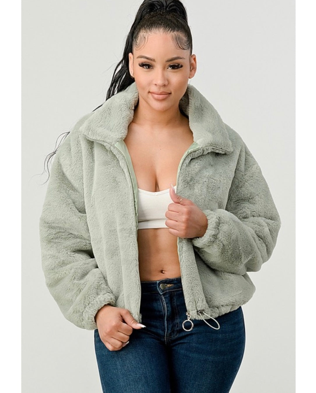 Sage Green Plush Faux Fur Jacket Front