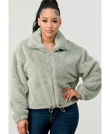 Sage Green Plush Faux Fur Jacket Front 2