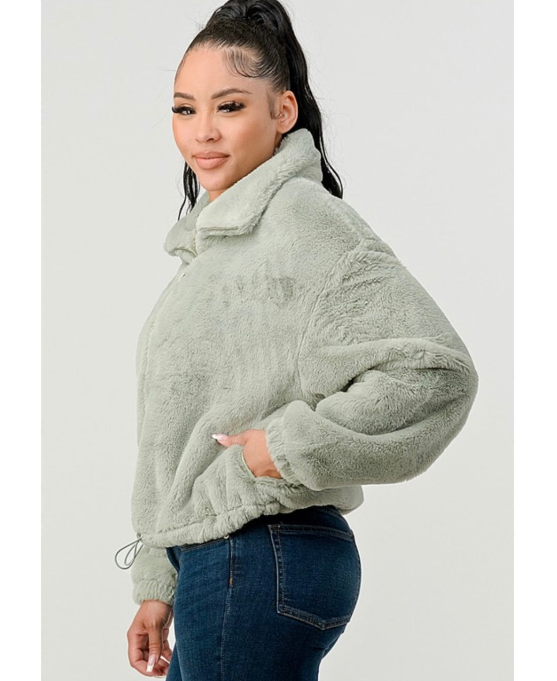 Sage Green Plush Faux Fur Jacket Side