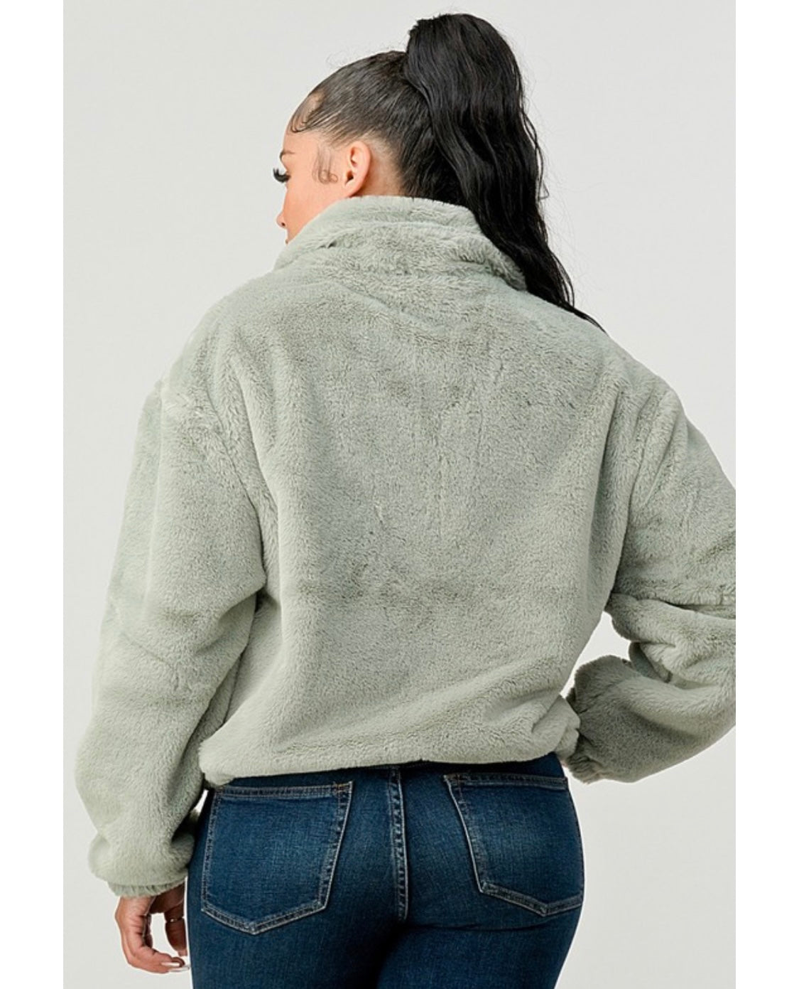 Sage Green Plush Faux Fur Jacket Back