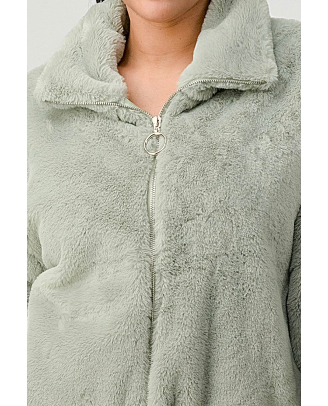 Sage Green Plush Faux Fur Jacket Close Up