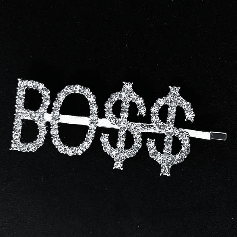 Silver rhinestone “BO$$” hair pin. Hair clip.