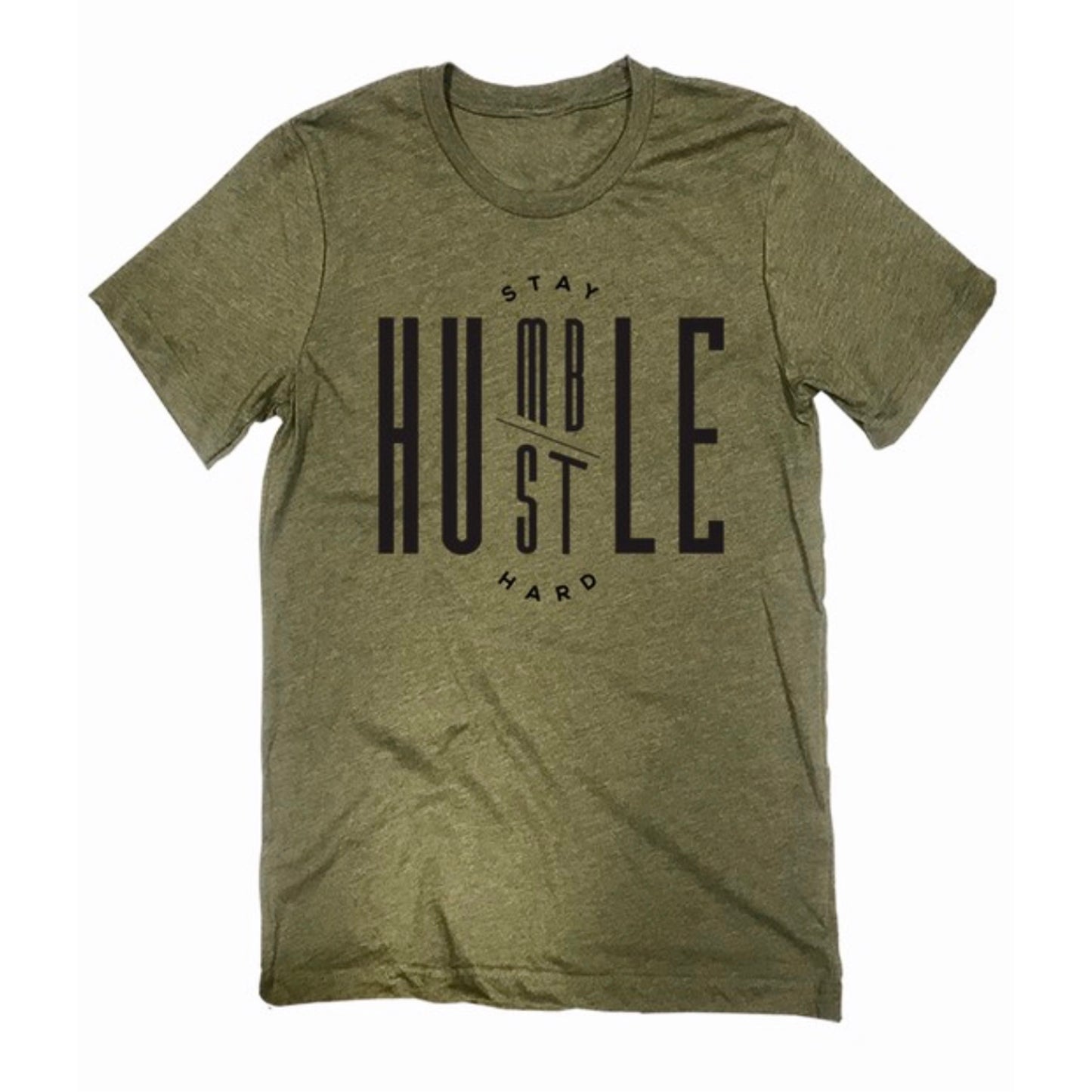 Olive Green Unisex Graphic Tee + Black Text ' Stay Humble Hustle Hard '