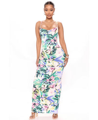 White + Multi Pastel Colored Floral patterned Maxi Dress ( Pink + Purple + Lime Green & Forest Green ) Front Tall