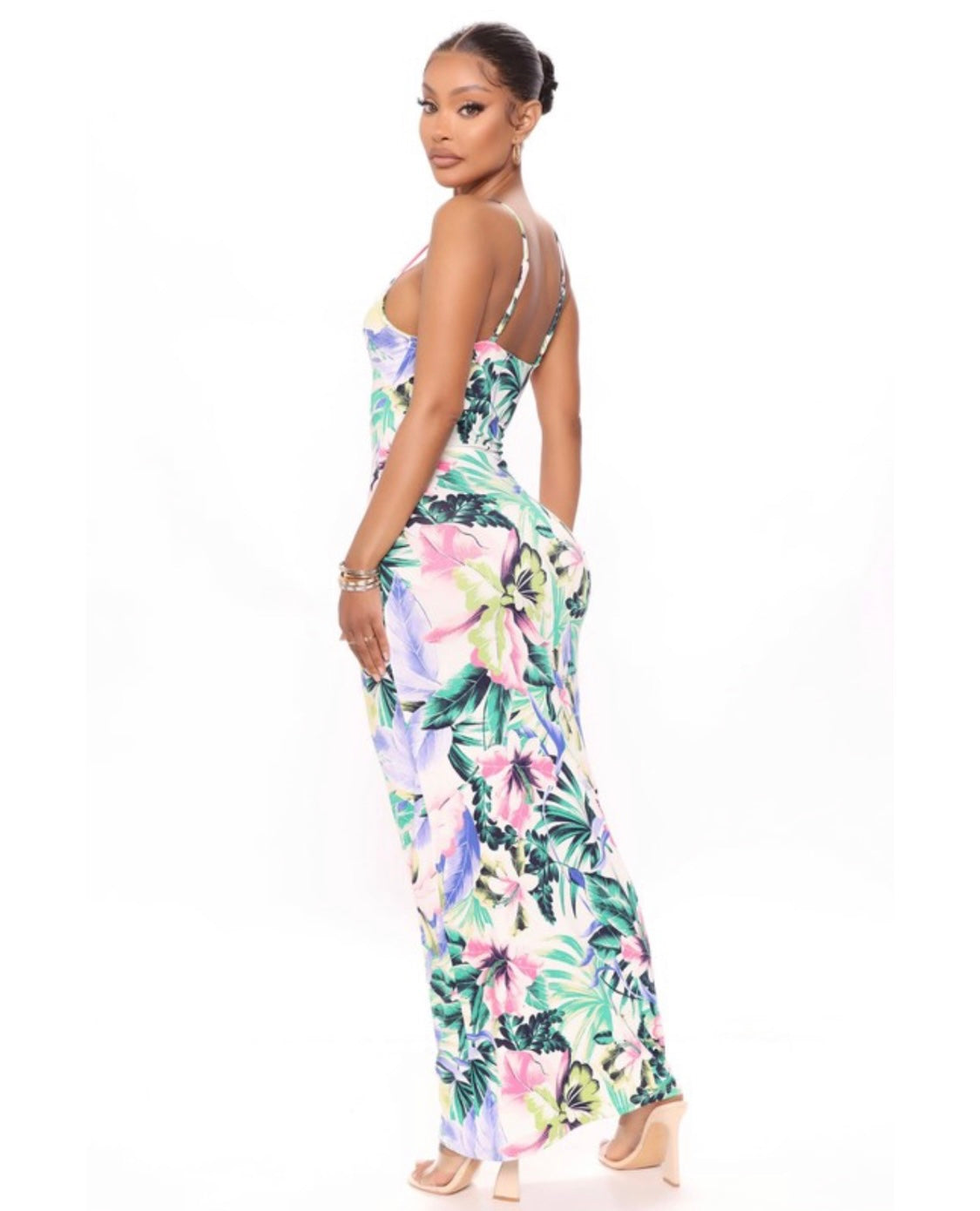 White + Multi Pastel Colored Floral patterned Maxi Dress ( Pink + Purple + Lime Green & Forest Green ) Back Side Tall