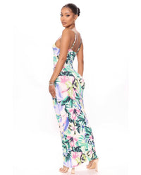 White + Multi Pastel Colored Floral patterned Maxi Dress ( Pink + Purple + Lime Green & Forest Green ) Back Side Tall