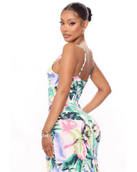 White + Multi Pastel Colored Floral patterned Maxi Dress ( Pink + Purple + Lime Green & Forest Green ) Back Side 