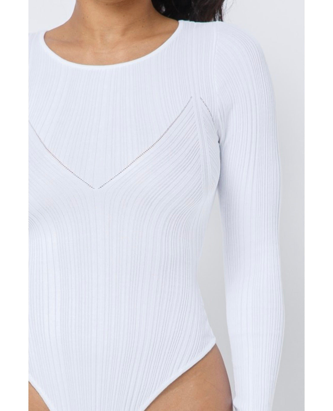 White Detail Long-Sleeved Bodysuit Close Up