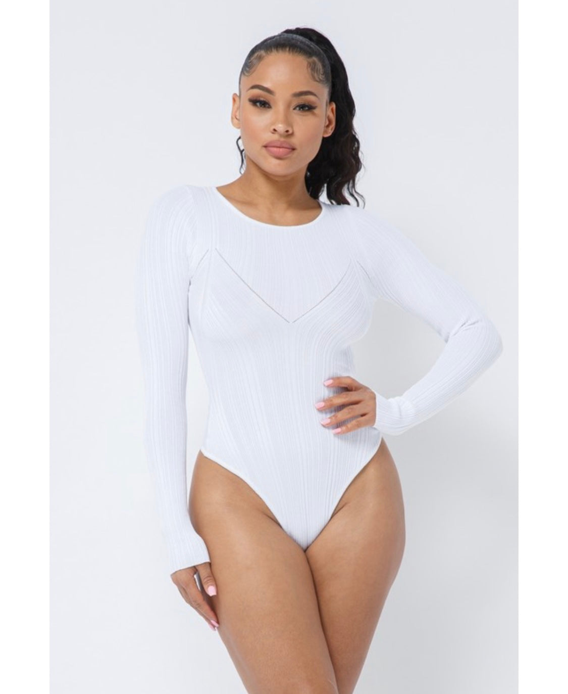 White Detail Long-Sleeved Bodysuit Front 