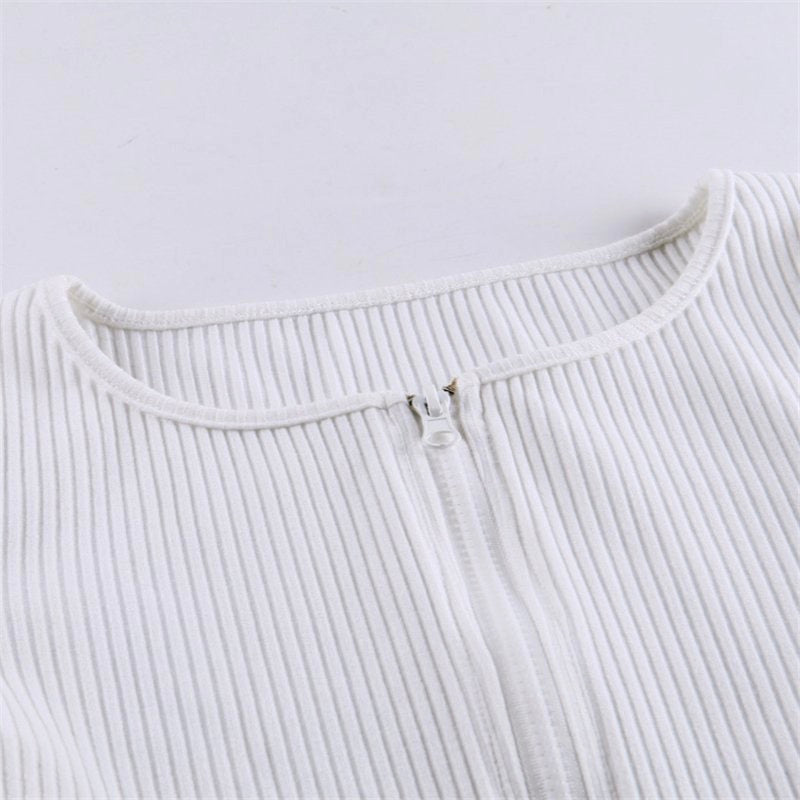 White Ribbed Double Zip Crop Top Close Up 2