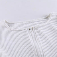 White Ribbed Double Zip Crop Top Close Up 2