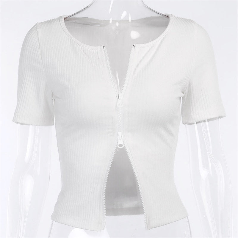 White Ribbed Double Zip Crop Top Front 