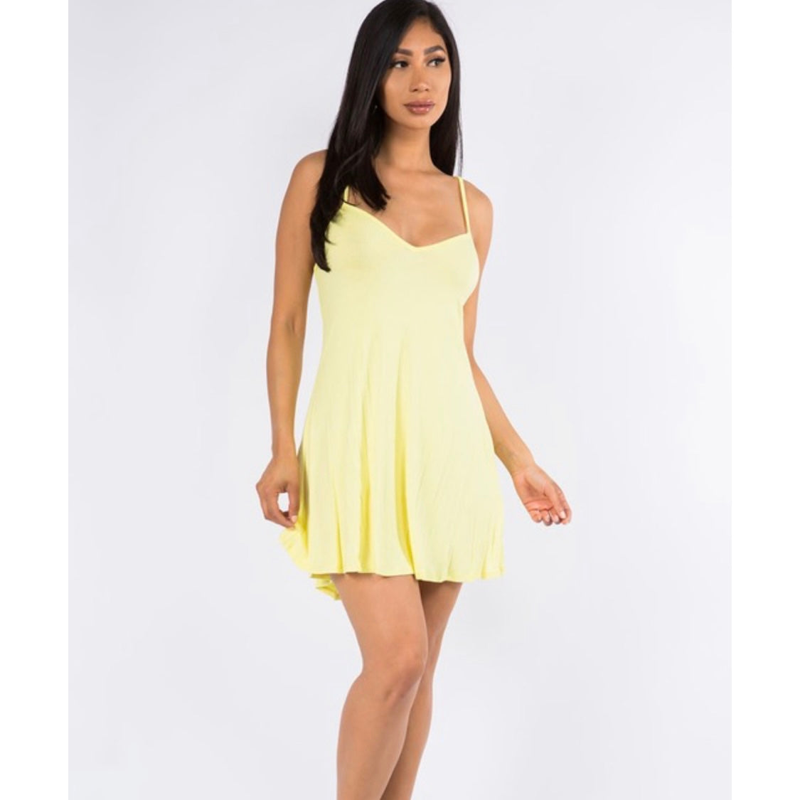 Soft Yellow Crossed Back Drawstring Mini Skater Sundress Front 