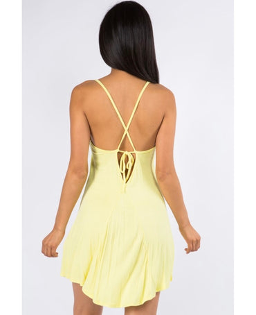 Soft Yellow Crossed Back Drawstring Mini Skater Sundress Back