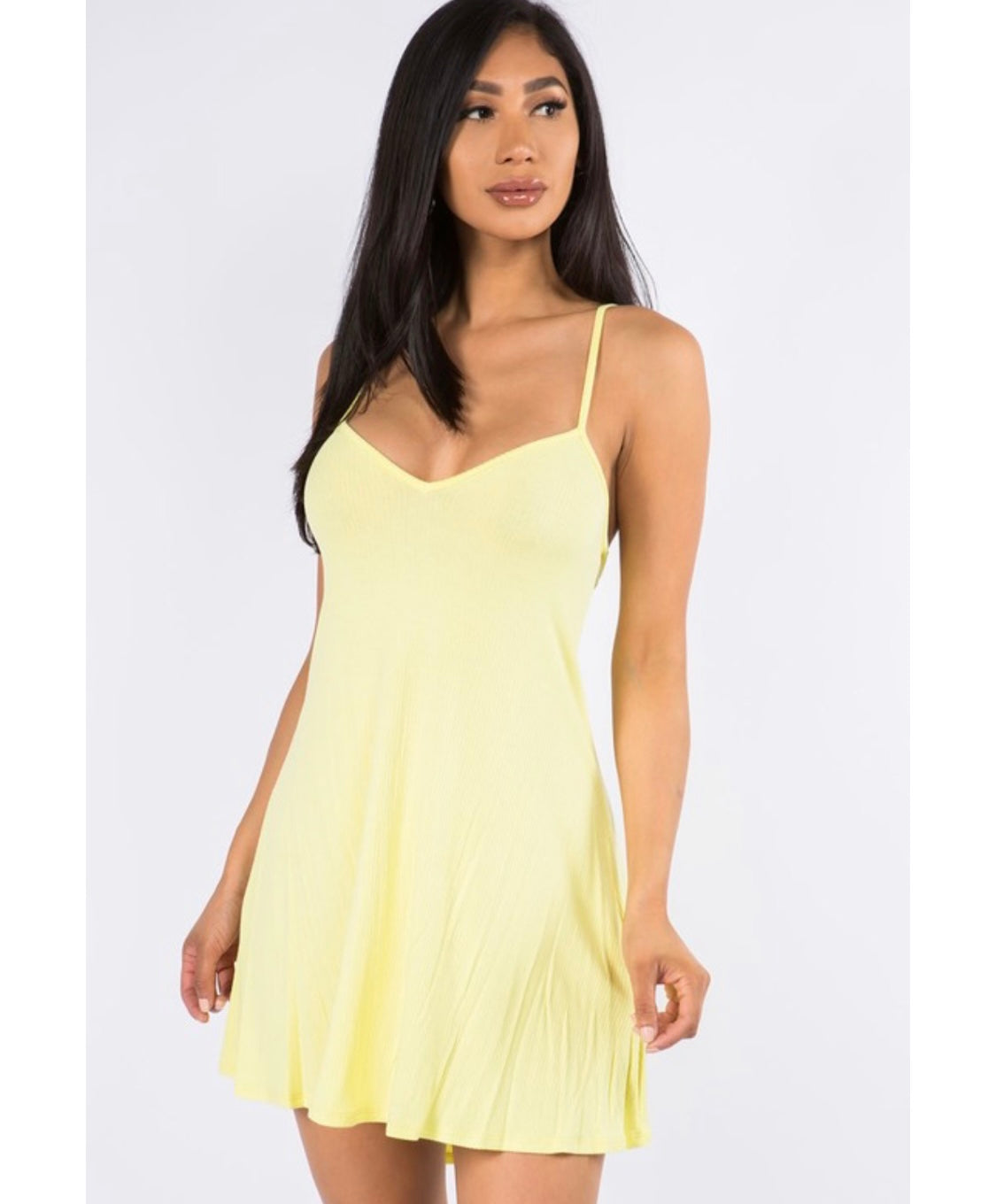 Soft Yellow Crossed Back Drawstring Mini Skater Sundress Front Side